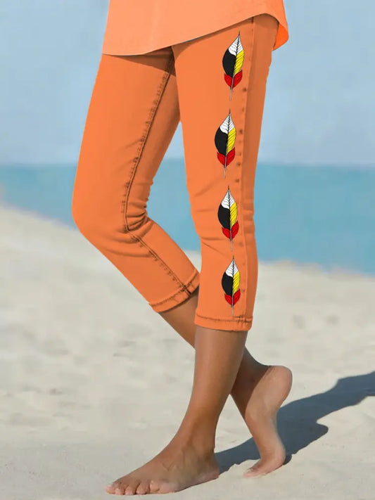 Women’s Native American Medicine Wheel Feathers Cropped leggings Orange / S
