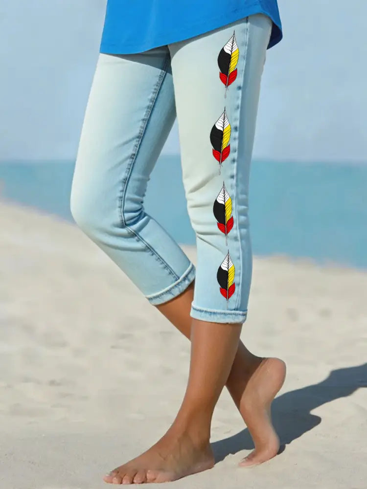 Women’s Native American Medicine Wheel Feathers Cropped leggings Sky Blue / S