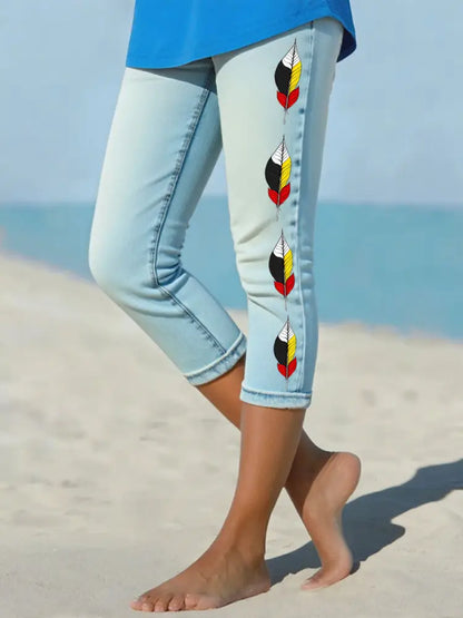 Women’s Native American Medicine Wheel Feathers Cropped leggings Sky Blue / S