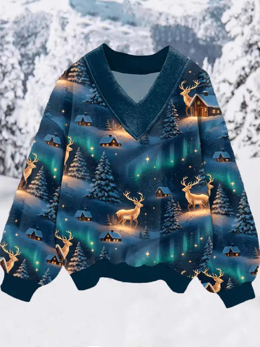 Women’s Night Snow House Print V Neck Sweatshirt As picture / S