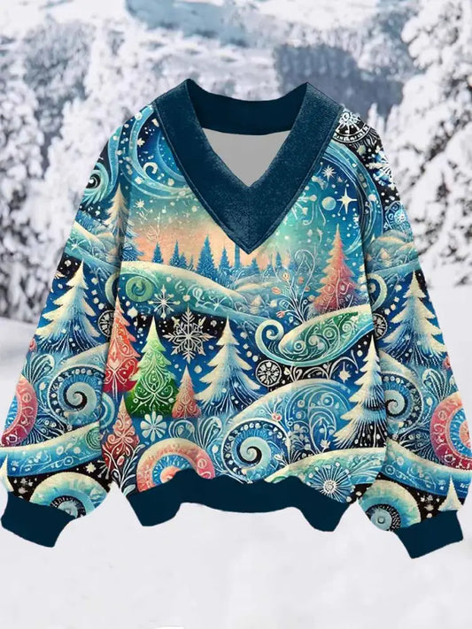 Women’s Night Snow House Print V Neck Sweatshirt As picture / S