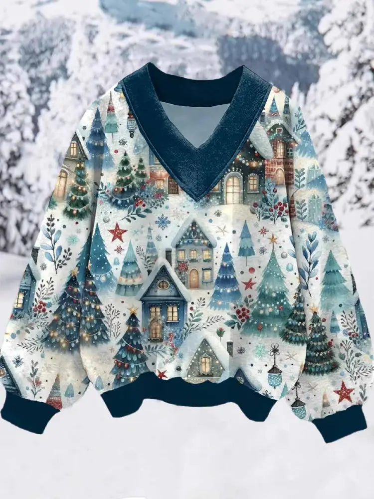 Women’s Night Snow House Print V Neck Sweatshirt As picture / S