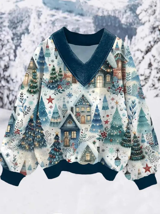 Women’s Night Snow House Print V Neck Sweatshirt As picture / S