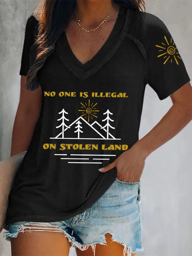 Women’s No One Is Illegal On Stolen Land V-neck tops Black / S