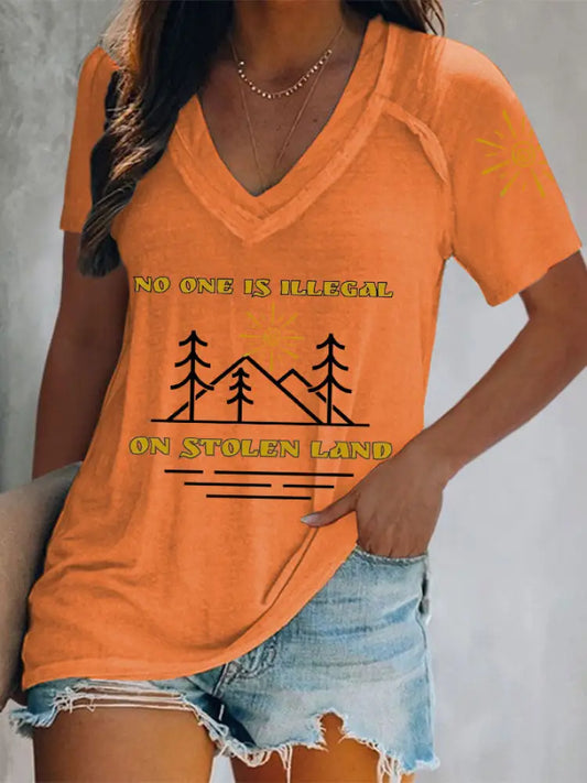 Women’s No One Is Illegal On Stolen Land V-neck tops Orange / S