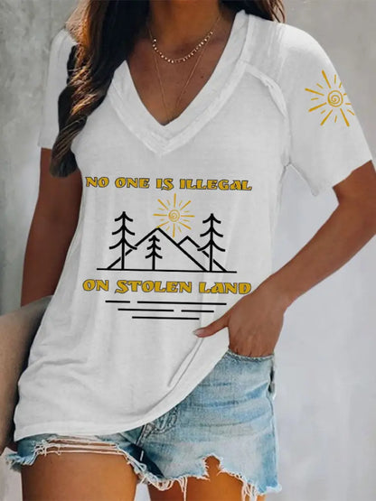 Women’s No One Is Illegal On Stolen Land V-neck tops White / S