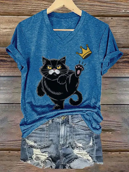 Women’s NOPE No Kings In America Black Cat Printed V-neck T-shirt Blue / S