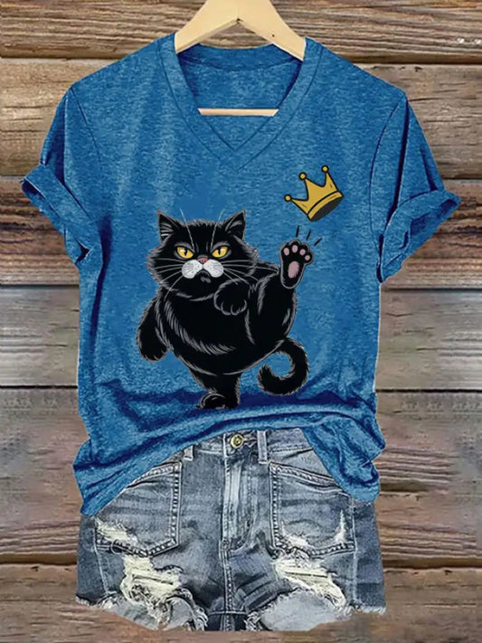 Women’s NOPE No Kings In America Black Cat Printed V-neck T-shirt Blue / S