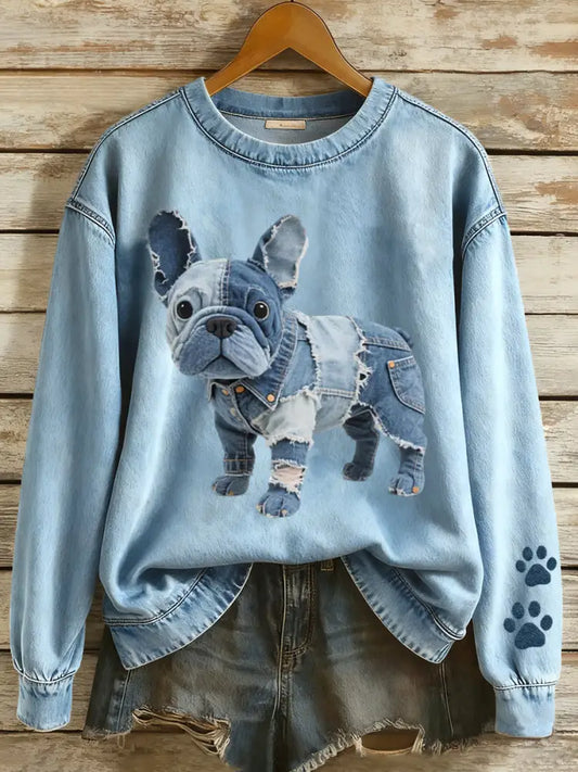 Women’s Patchwork Art French Bulldog Pattern Sweatshirt Blue / S