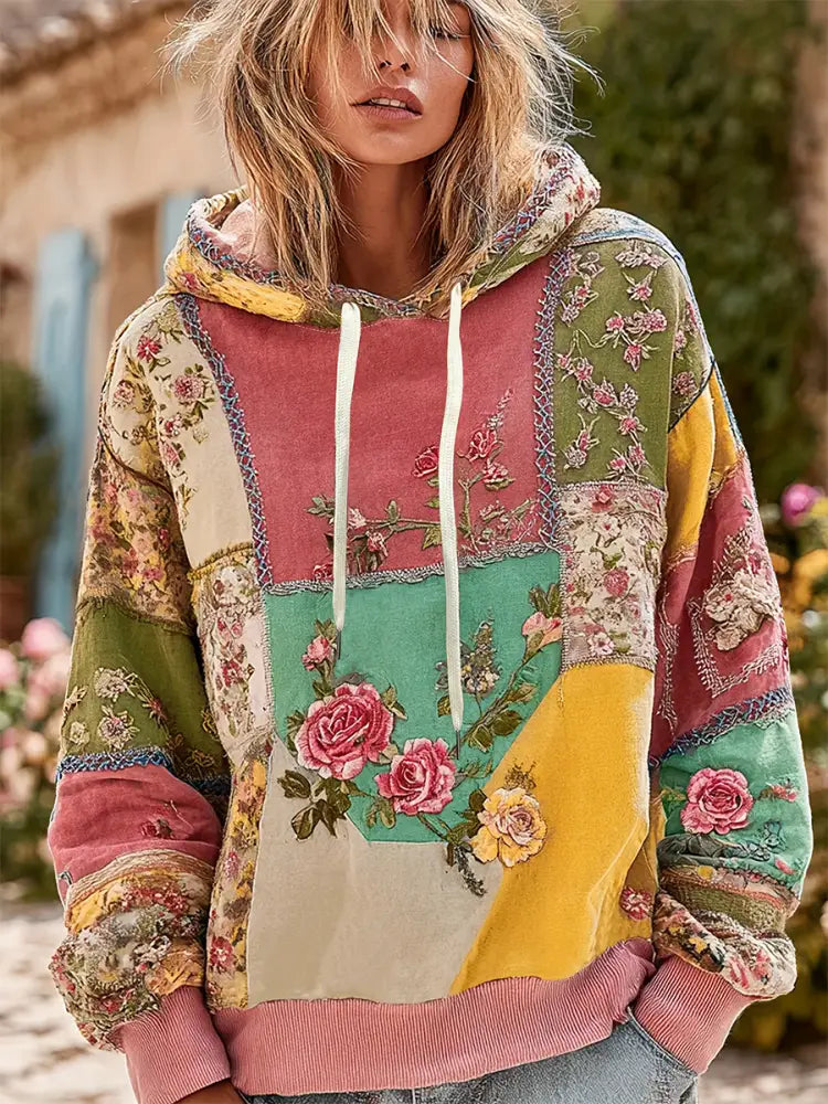 Women’s Patchwork floral print Drawstring Hoodie As picture / S