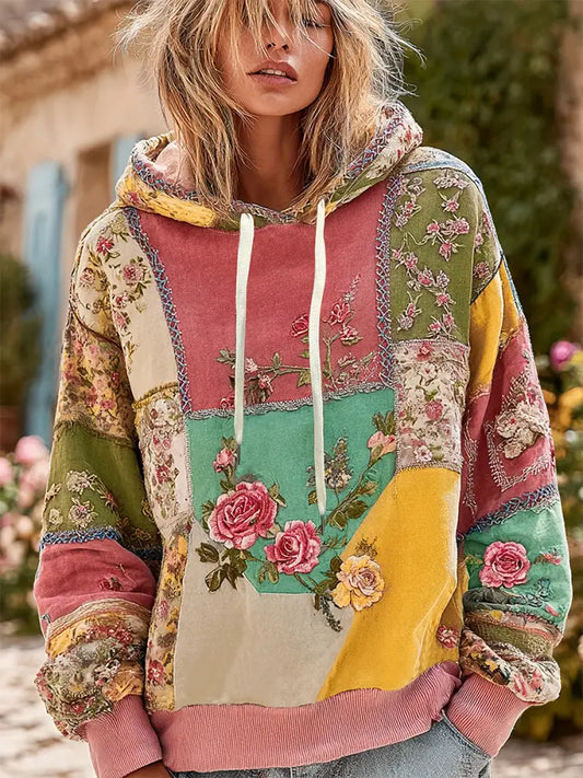 Women’s Patchwork floral print Drawstring Hoodie As picture / S