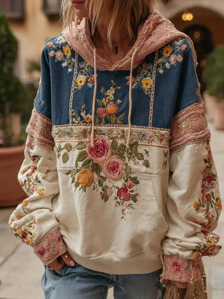 Women’s Patchwork floral print hoodie As picture / S