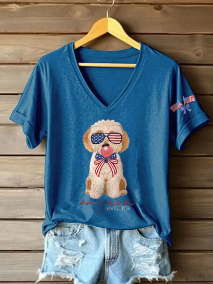 Women’s Patriotic Dog Lover Print T-shirt Blue / S