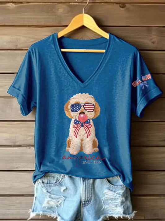 Women’s Patriotic Dog Lover Print T-shirt Blue / S