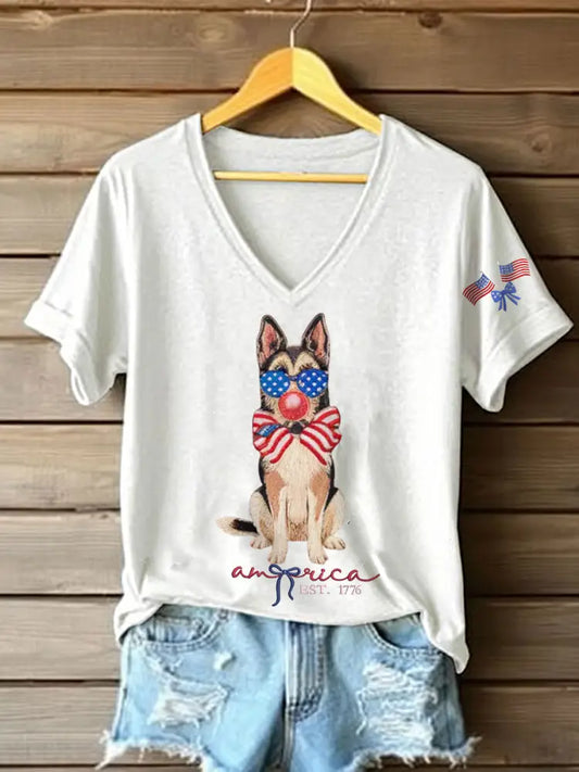 Women’s Patriotic Dog Lover Print T-shirt White / S