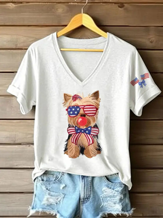 Women’s Patriotic Dog Lover Print T-shirt White / S