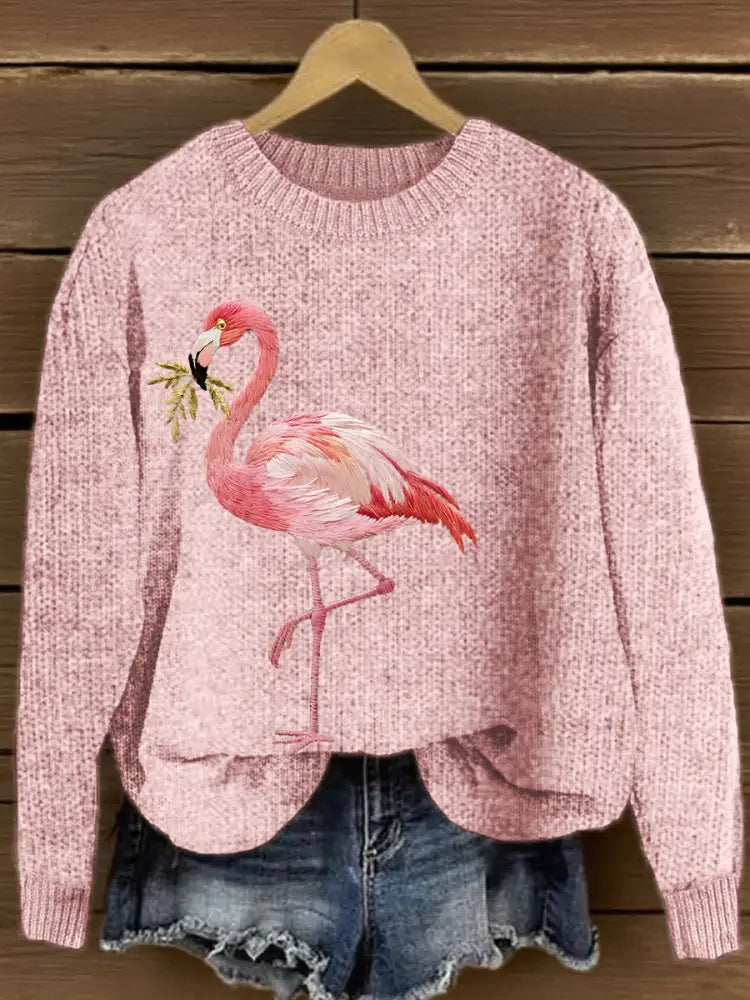 Women’s Pink Flamingo Embroidered Knit Sweater Pink / S