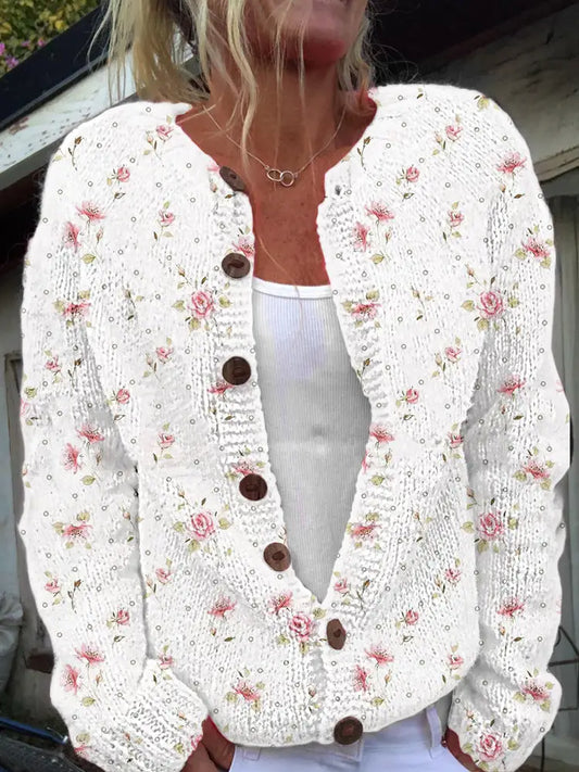 Women’s Pink Floral Print Cardigan-Style Knit Jacket As picture / S