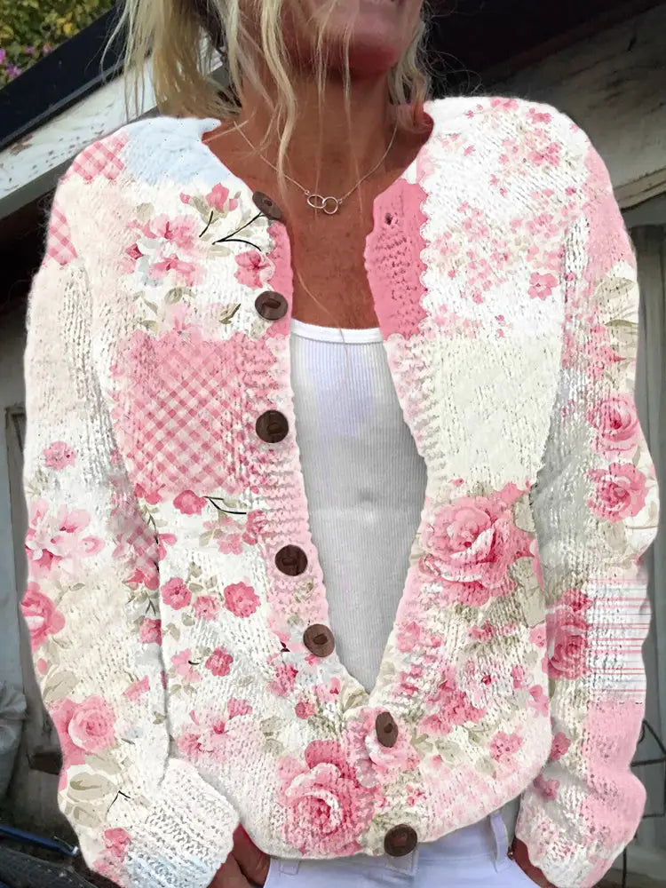Women’s Pink Floral Print Cardigan-Style Knit Jacket As picture / S