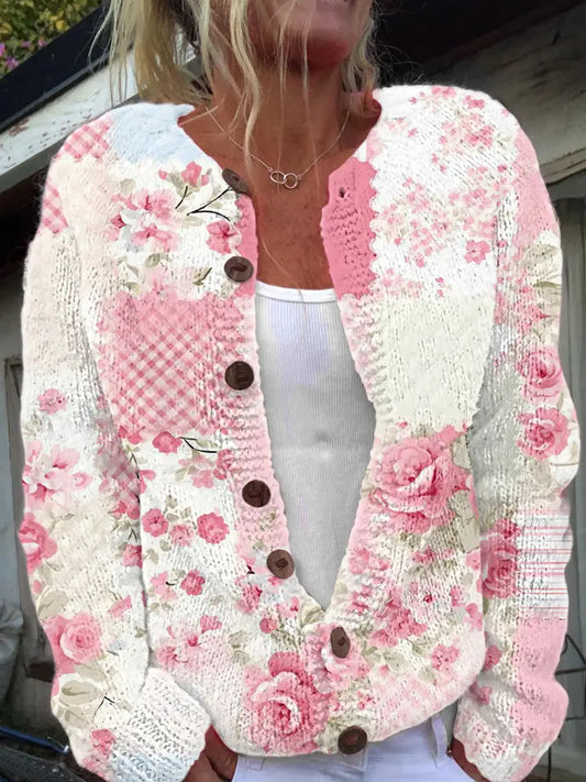 Women’s Pink Floral Print Cardigan-Style Knit Jacket As picture / S