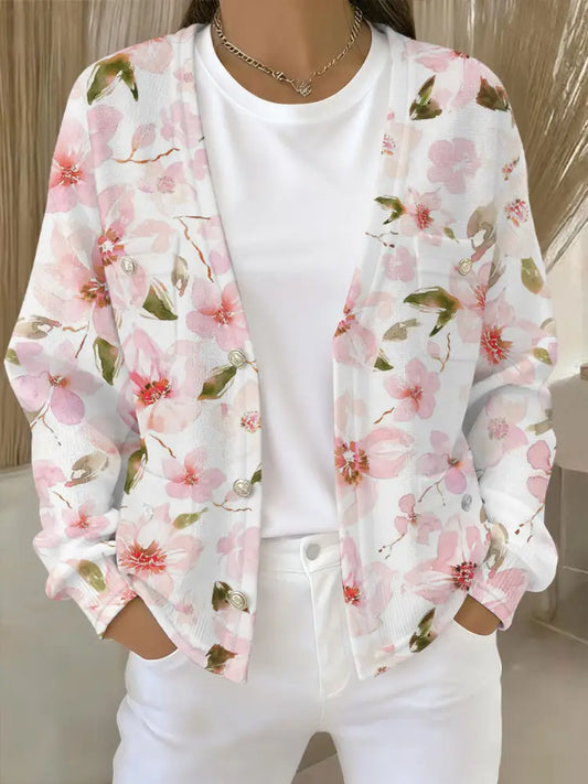 Women’s Pink Floral Print Pocket Cardigan As picture / S
