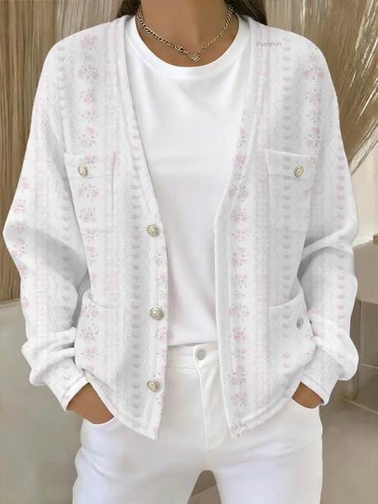 Women’s Pink Floral Print Pocket Cardigan As picture / S