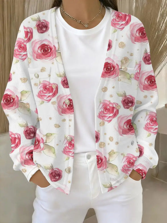 Women’s Pink Floral Print Pocket Cardigan As picture / S