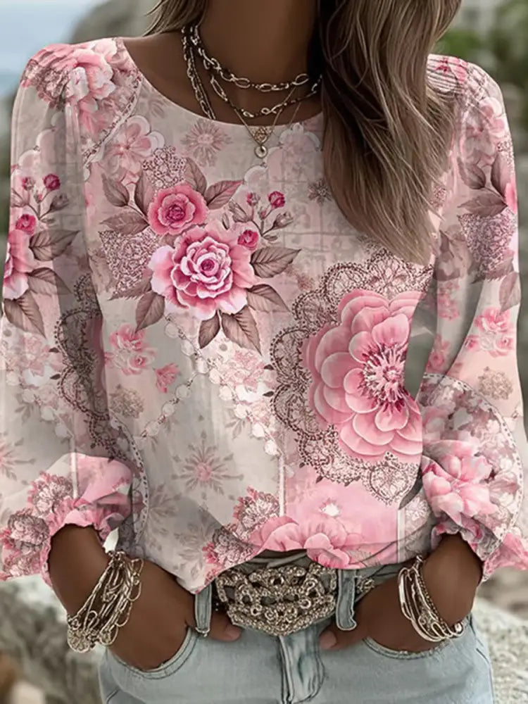 Women’s Pink Flower Printed Casual T shirt Pink / S