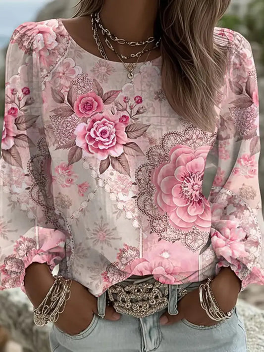 Women’s Pink Flower Printed Casual T shirt Pink / S