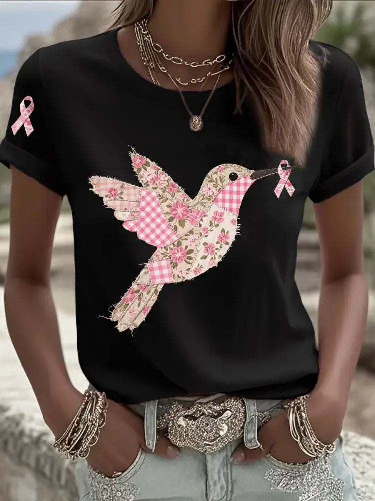 Women’s Pink Hummingbird Print T shirt Black / S