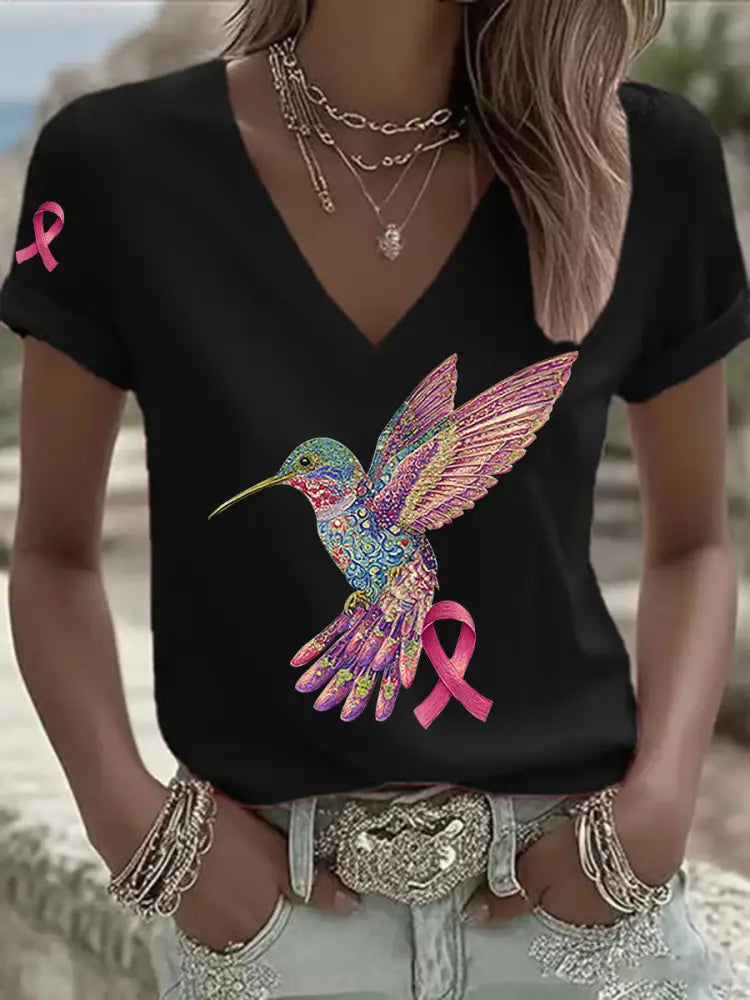 Women’s Pink Hummingbird Print T shirt Black / S