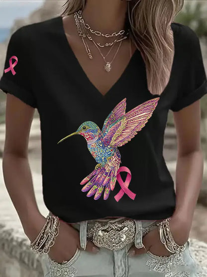 Women’s Pink Hummingbird Print T shirt Black / S