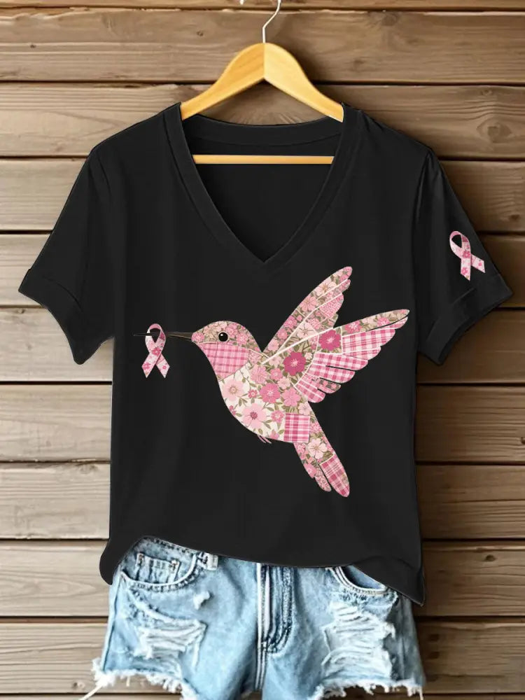 Women’s Pink Hummingbird Print T shirt Black / S