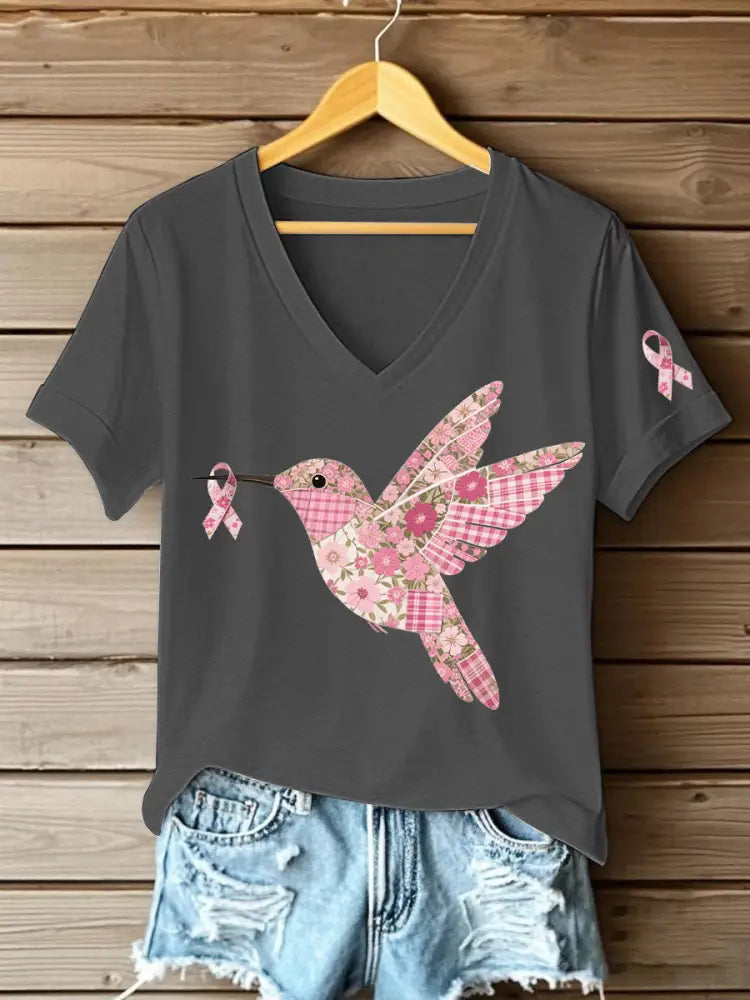 Women’s Pink Hummingbird Print T shirt Dark Gray / S