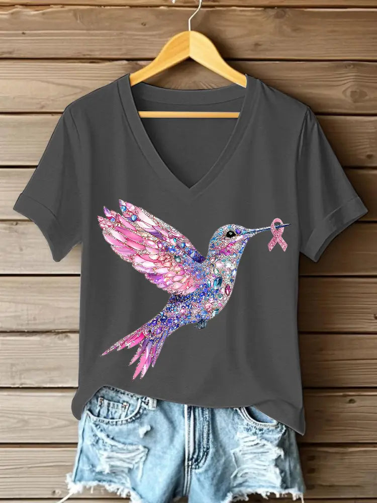 Women’s Pink Hummingbird Print T shirt Dark Gray / S