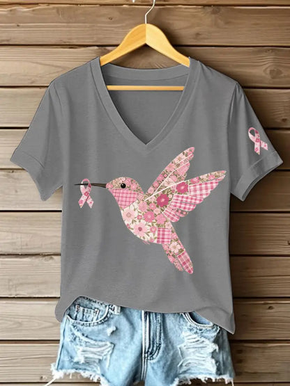 Women’s Pink Hummingbird Print T shirt Light Gray / S