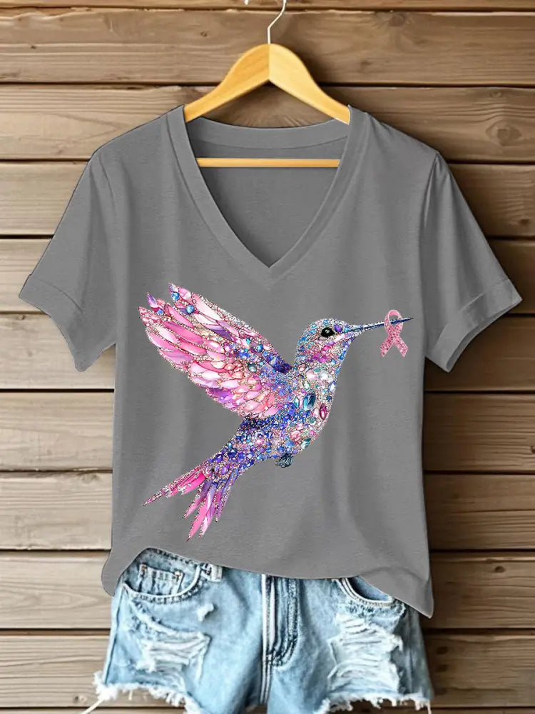 Women’s Pink Hummingbird Print T shirt Light Gray / S