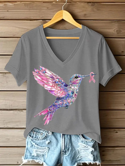 Women’s Pink Hummingbird Print T shirt Light Gray / S