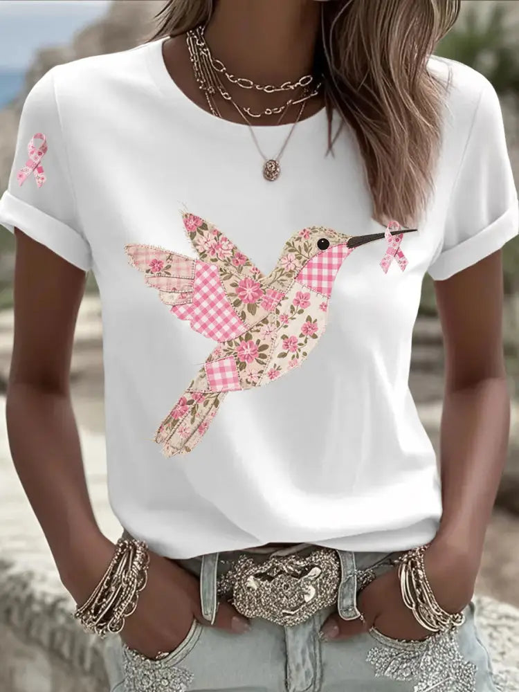 Women’s Pink Hummingbird Print T shirt White / S