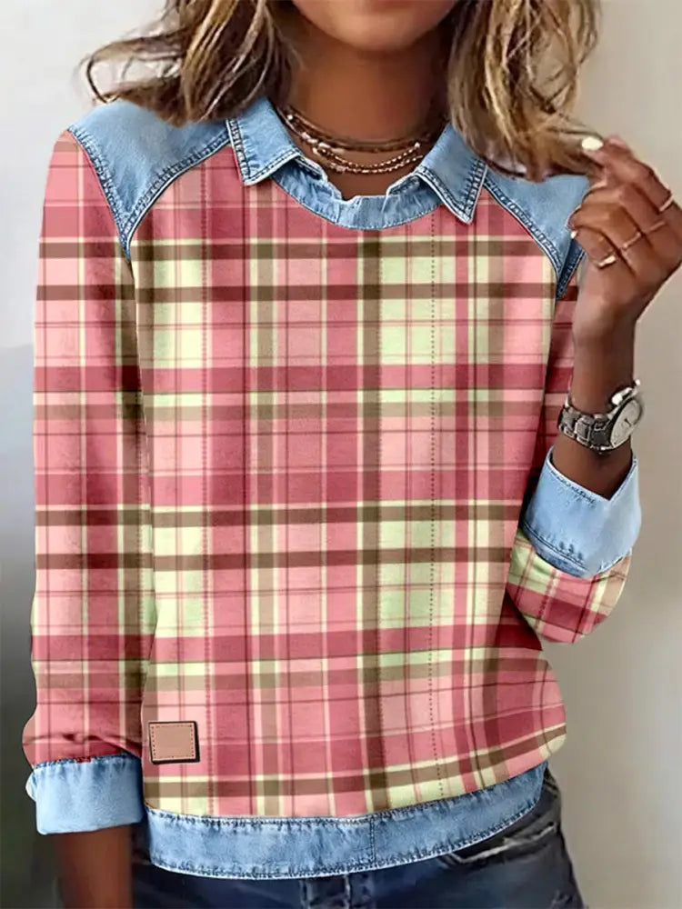 Women’s Pink Plaid Pattern Patchwork Art Sweatshirt As picture / S