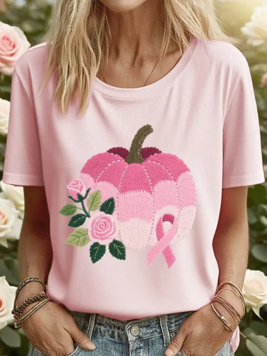 Women’s Pink Pumpkin Ribbon Embroidered T-Shirt Pink / S
