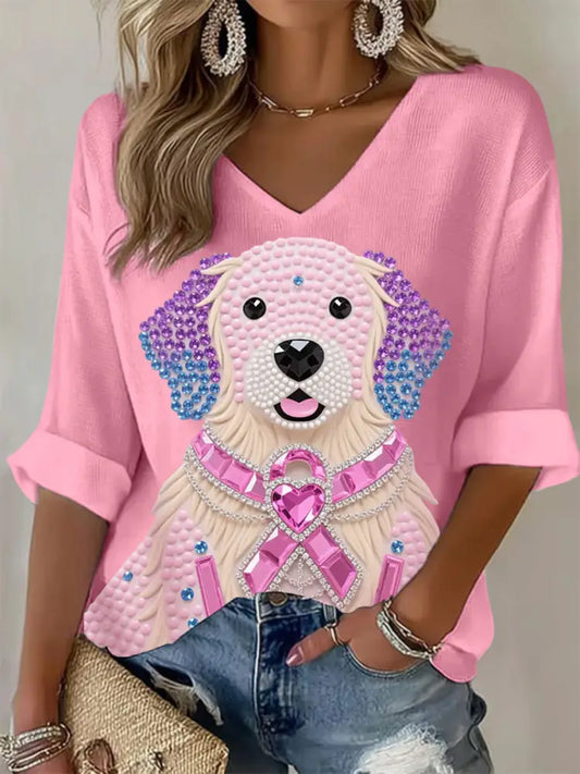 Women’s Pink Rhinestone Dog Pink Ribbon Print Breast Cancer Awareness Support Long Sleeve Top Pink / S