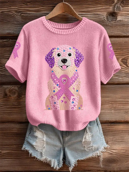 Women’s Pink Rhinestone Dog Pink Ribbon Print Breast Cancer Awareness Support Tee Pink / S