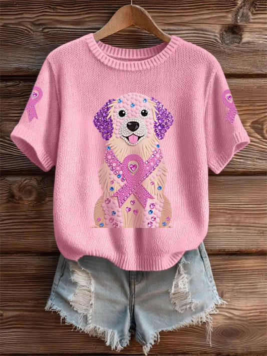Women’s Pink Rhinestone Dog Pink Ribbon Print Breast Cancer Awareness Support Tee Pink / S