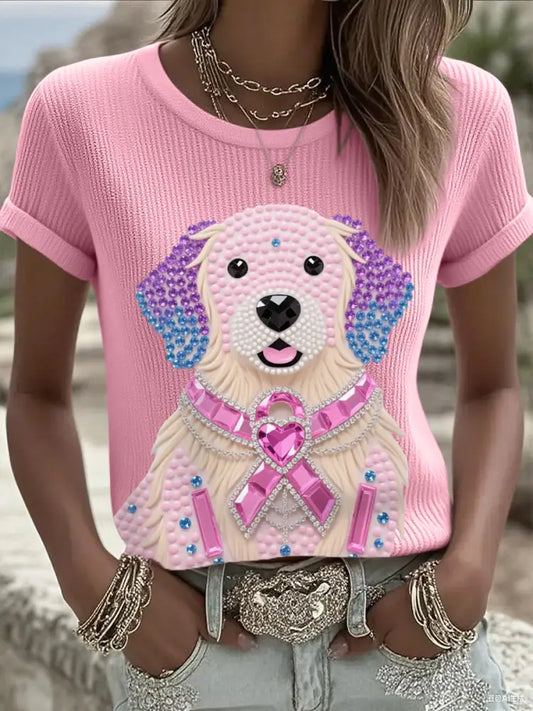 Women’s Pink Rhinestone Dog Pink Ribbon Print Breast Cancer Awareness Support Tee Pink / S