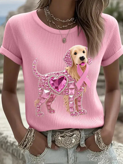 Women’s Pink Rhinestone Dog Pink Ribbon Print Breast Cancer Awareness Support Tee Pink / S