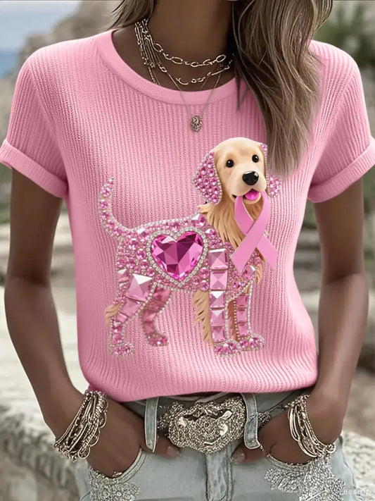 Women’s Pink Rhinestone Dog Pink Ribbon Print Breast Cancer Awareness Support Tee Pink / S