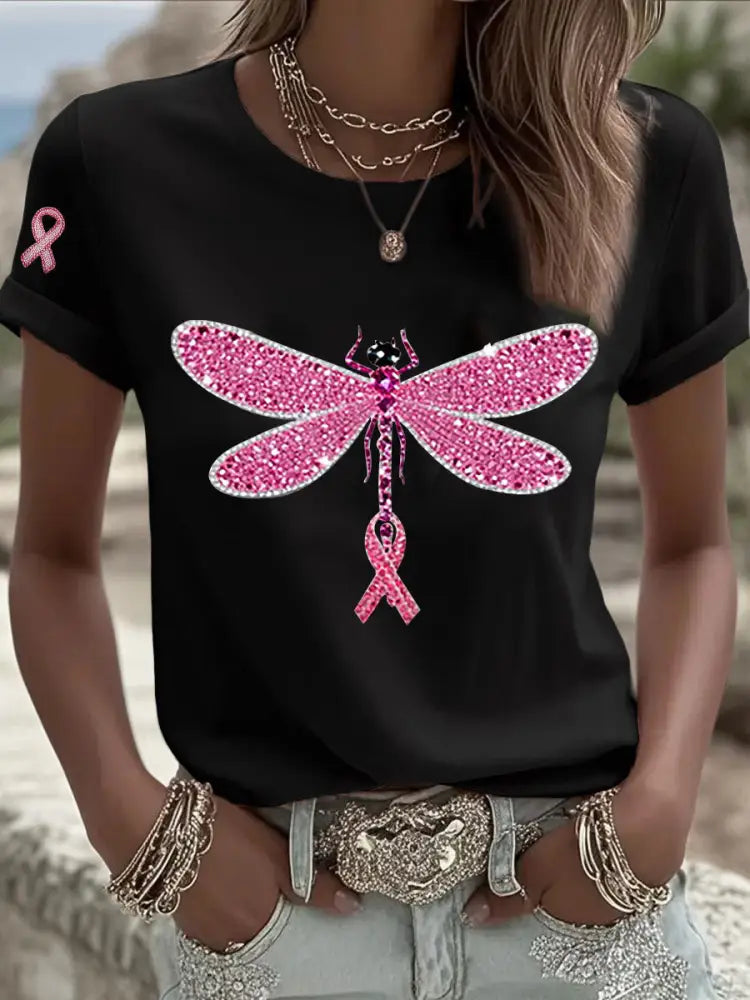 Women’s Pink Ribbon Print Casual T shirt Black / S