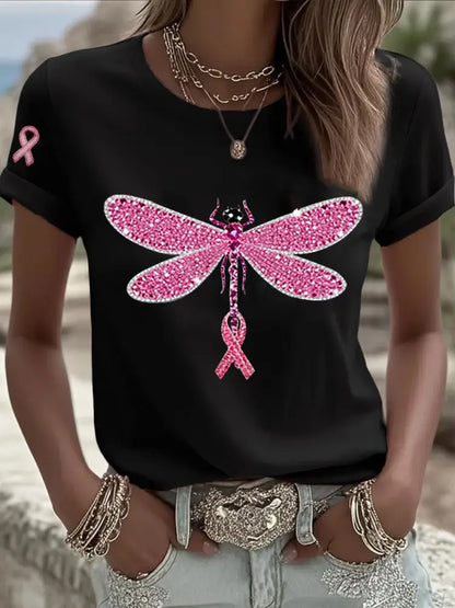 Women’s Pink Ribbon Print Casual T shirt Black / S