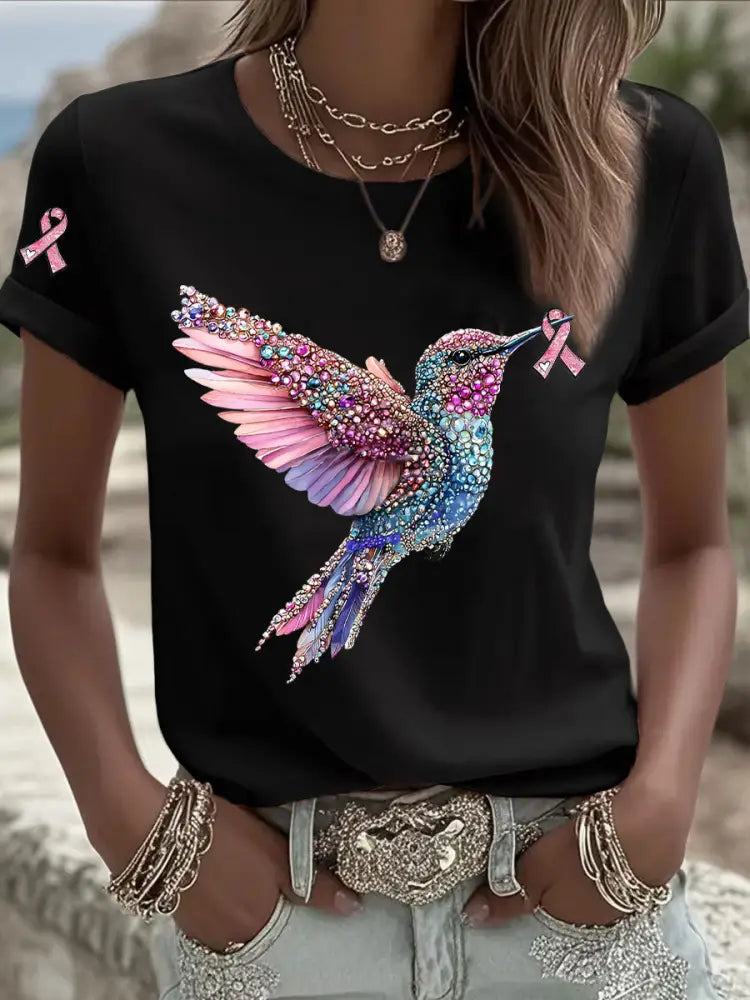 Women’s Pink Ribbon Print Casual T shirt Black / S